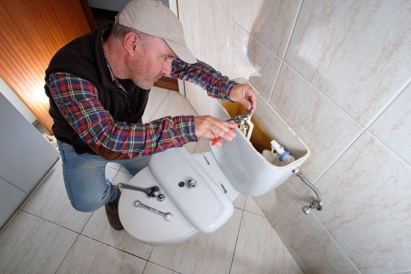 A male plumber fixing a toilet